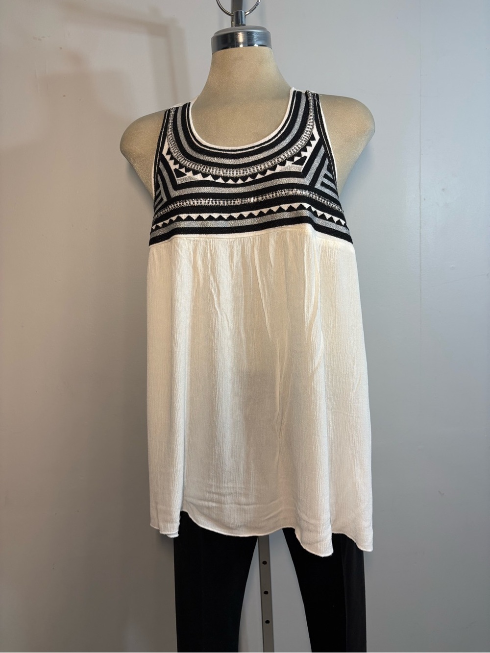 Love & Legend White Tank with Black Geometric Yoke Embroidery